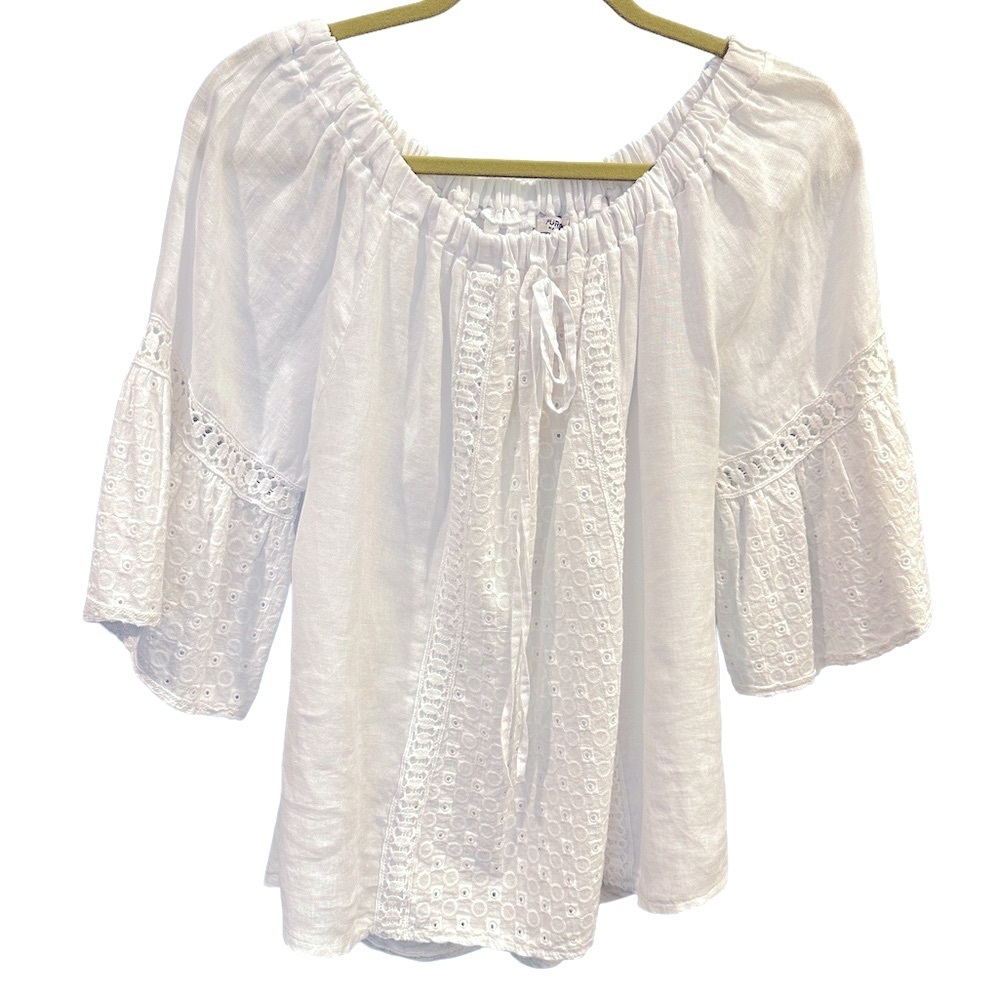 NWT‎ Puro Lino Italy White Linen Eyelet Peasant Blouse